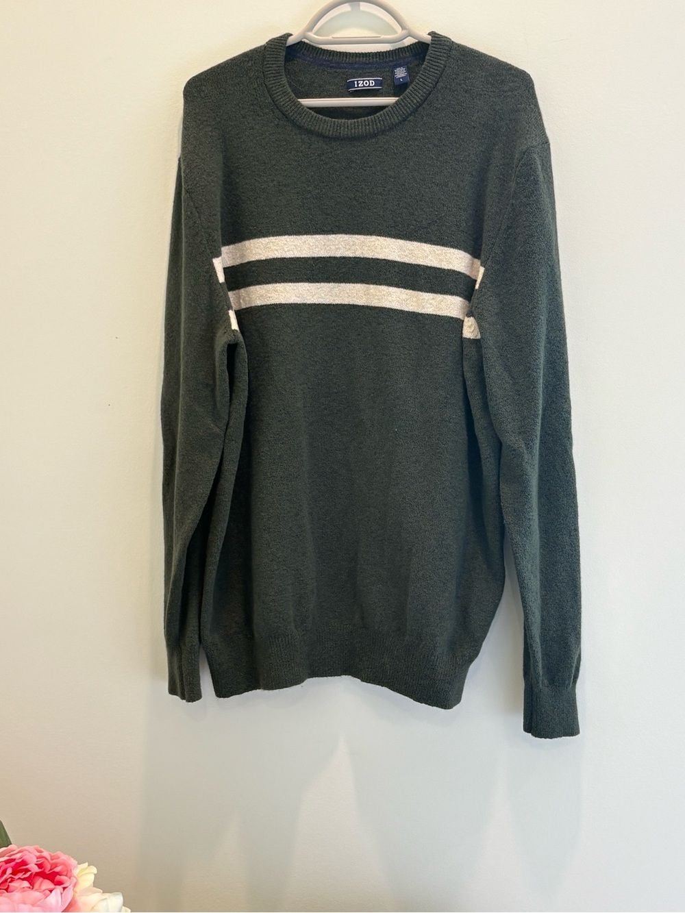 Izod Men's Green Crewneck Sweater with White Chest Stripes